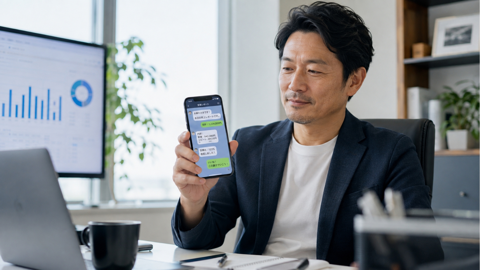 本部でLINEを確認する経営者